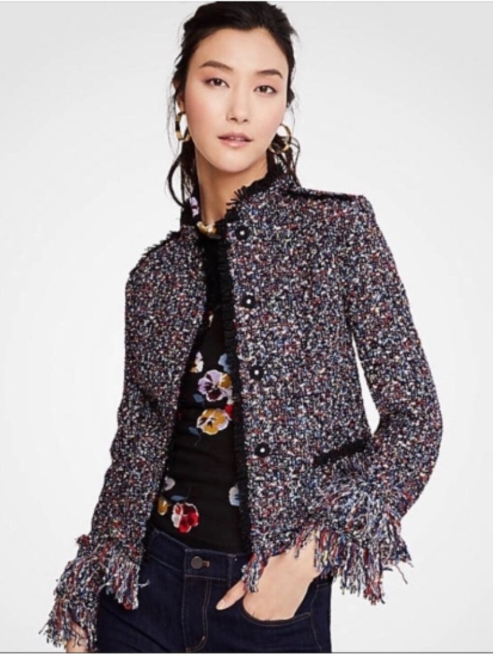 Ann Taylor Fiesta Multicolor Tweed Fringe Jacket Blazer Size Medium